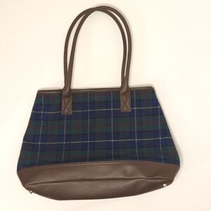 Wool Blend Blue and Green Plaid Tote Bag with Brown Faux Leather Accents Travel